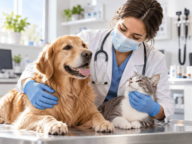 Veterinarian caring for a dog and cat